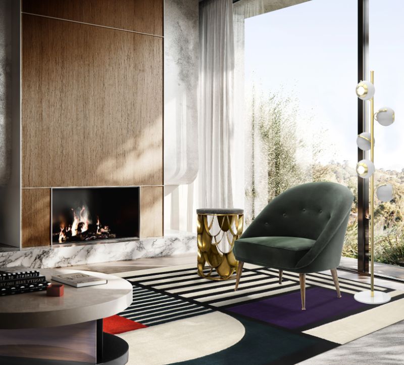 mid-century living room with Prisma 1 rug and koi side table paired with velvet Malay armchair for a elegant interior