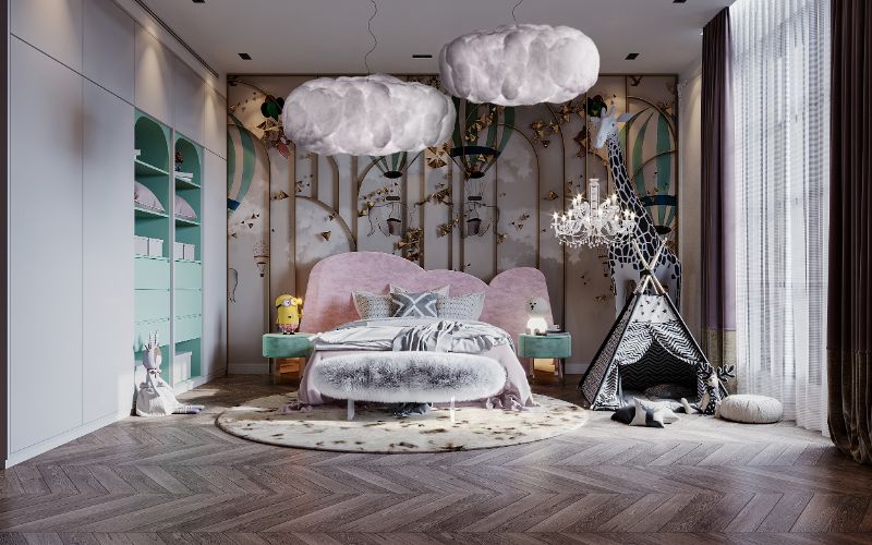 Cozy bedroom with oslo roung rug and cloud shaped lamps