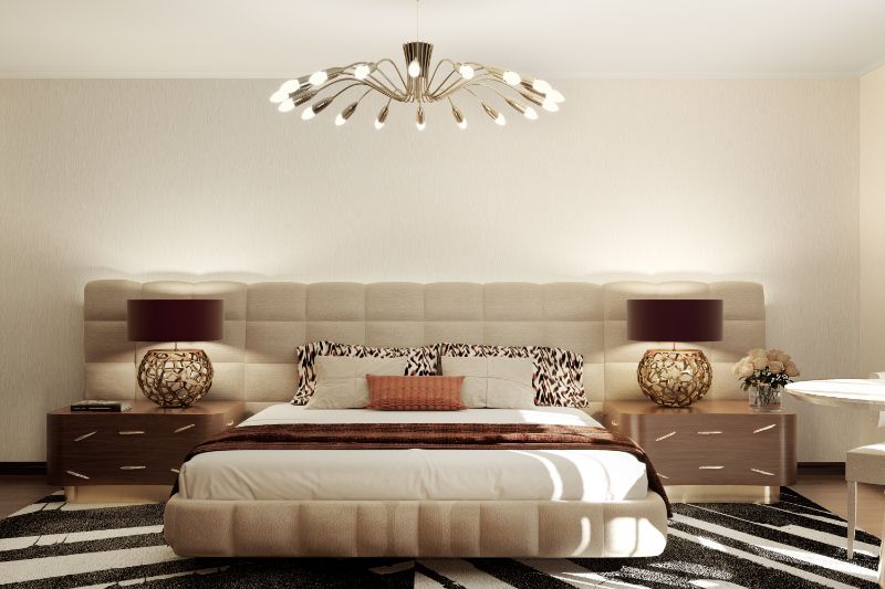 Neutral colored bedroom with Palm rug to decorate the floors