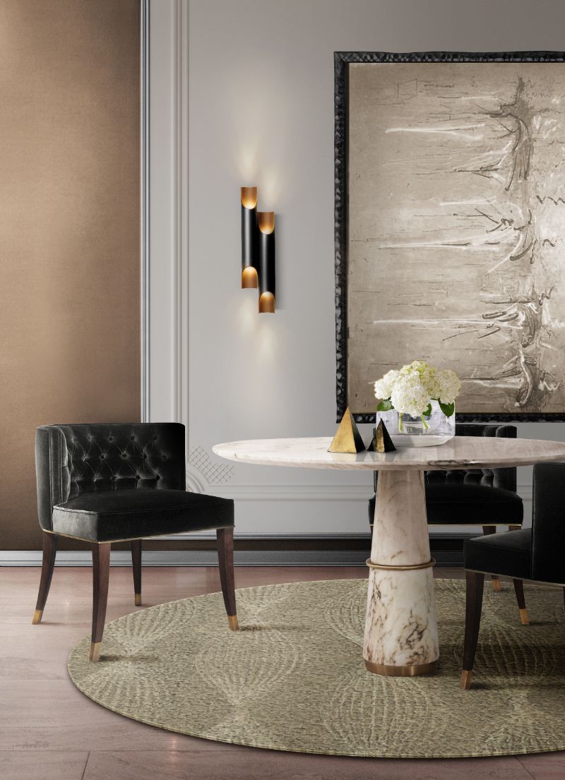 contemporary dining room with round rug and agra round rug and velvet chair