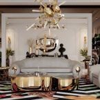 living room with feline rug and supernova lights, gray sofa and gold center table
