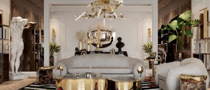 living room with feline rug and supernova lights, gray sofa and gold center table