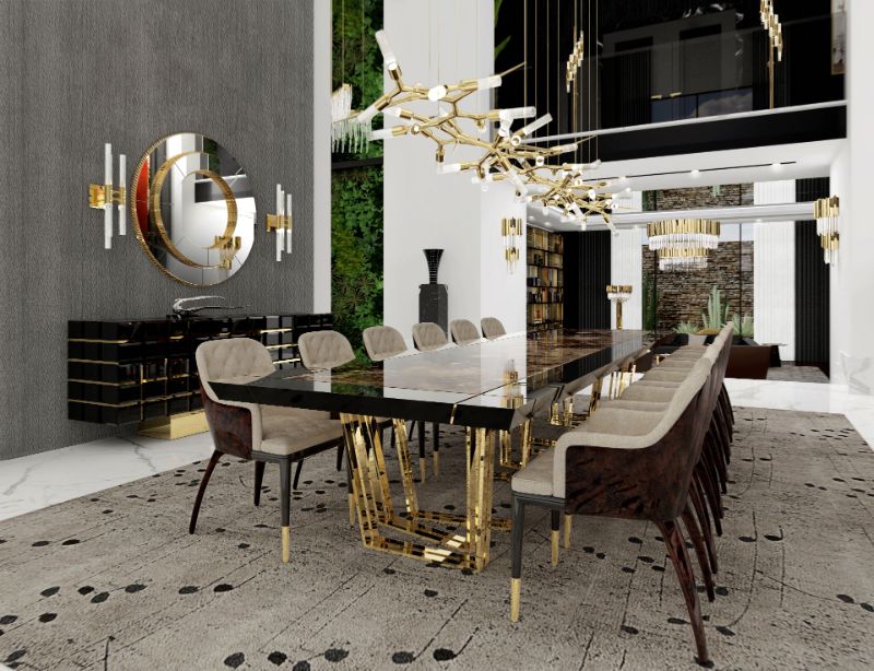 modern and elegant dining room with poppy rug, sleek oak dining table and gold haning lights