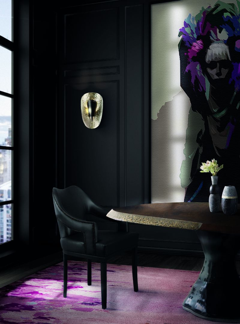 Dark and mysterious dining room with Rosary rug