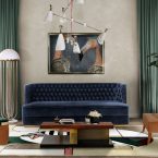 modern contemporary living room with oscar rug and blue pantone bourbon sofa
