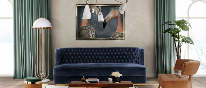modern contemporary living room with oscar rug and blue pantone bourbon sofa