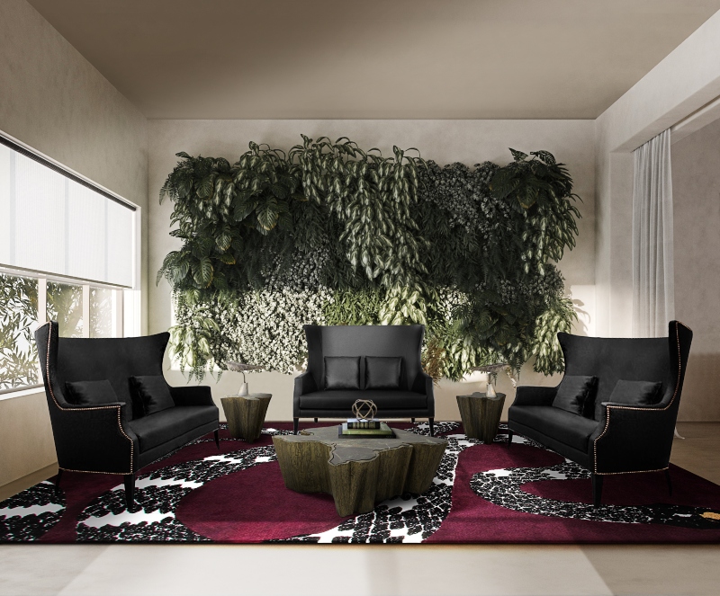 Modern contemporary living room with botanical snake 8 rug paired with the dukono armchair, dukono sofa and the sequoia big side table.