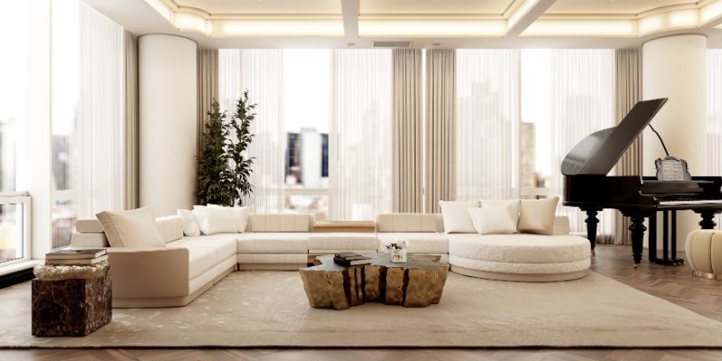 all-neutral living room with area beige rug, a center table, piano and white sofa