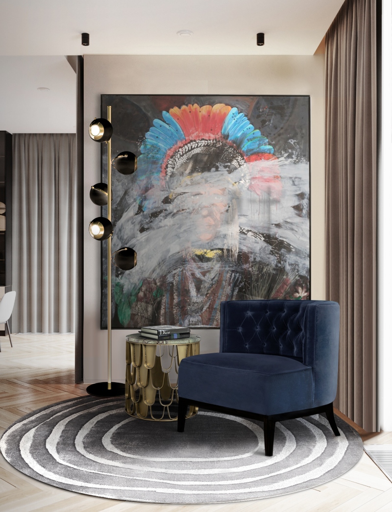 PERFECT READING CORNER INSPIRATION WITH ROUND EYE RUG. Boubon armchair sofa with koi side table and scofield standing lamp