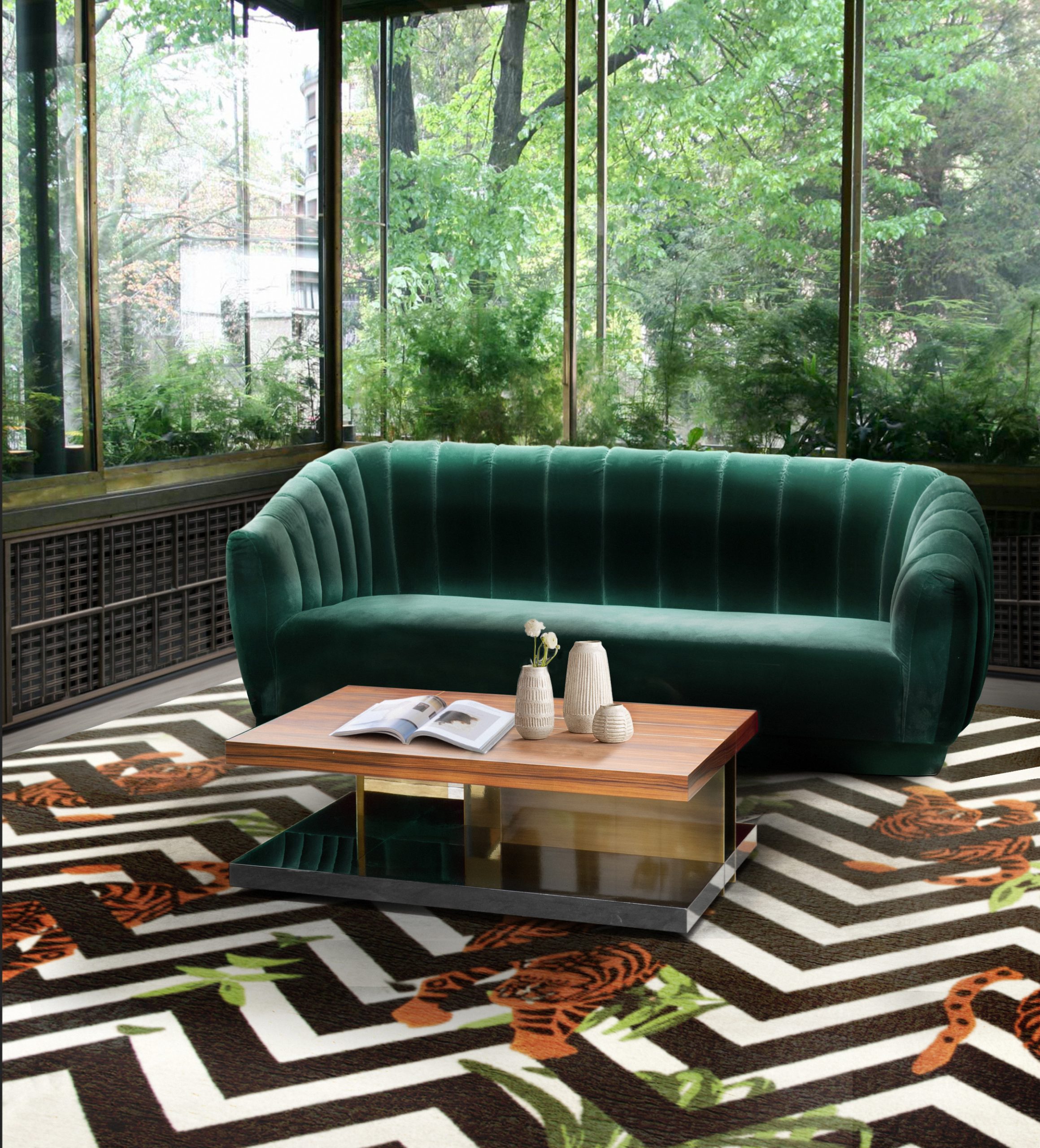 Modern living room with FELINE RUG in black and white with a pop of color, black couch and center table. Green Rugs For Living Room: The Most Unique Rug Designs For Your Home