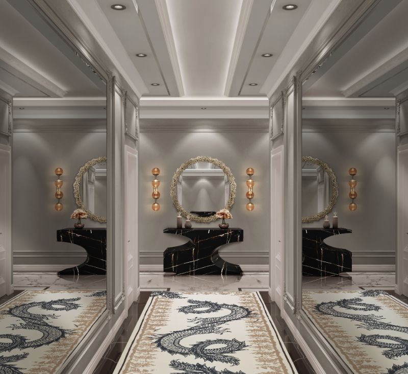 Modern classic hallway with REDLEH LOUNGE RUG in gold and gray tones - The Most Exquisite Artistic Rug Collection