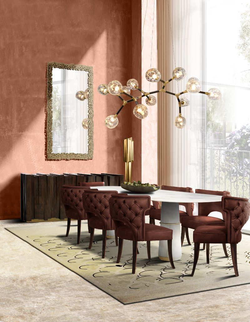 modern contemporary dining room with neutral colors with KOI RUG