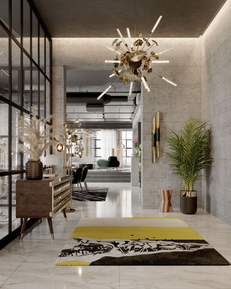 Modern luxurious hallway with urban Disruption rug in black and yellow Original Hand-tufted Rugs For an Elegant Hallway