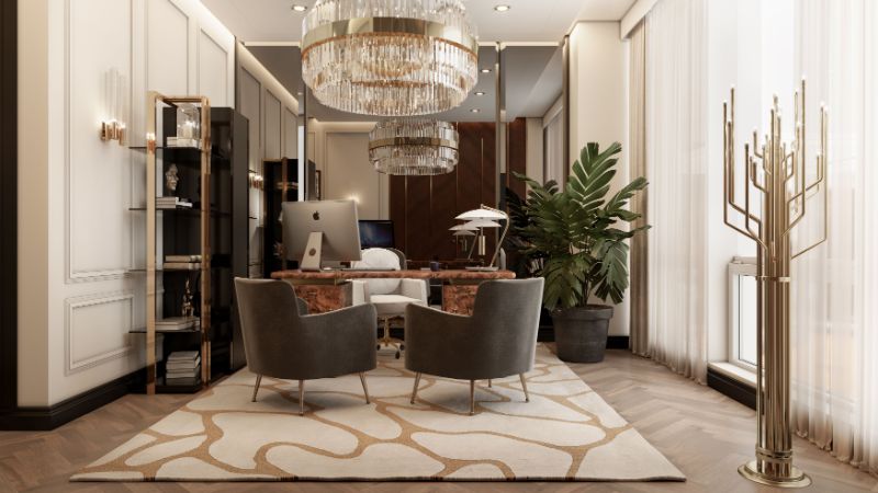 Modern classic home office with fabulous CELL RUG in neutral colors with chandelier and sitting chairs: 10 Incredible Luxury Carpets For Interiors