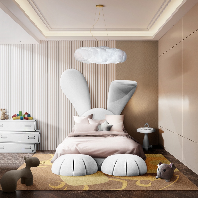 kid's bedroom with a creative design and the GIRAFFE JUNGLE RUG, bunny bed,cloud lamp and houston stool
