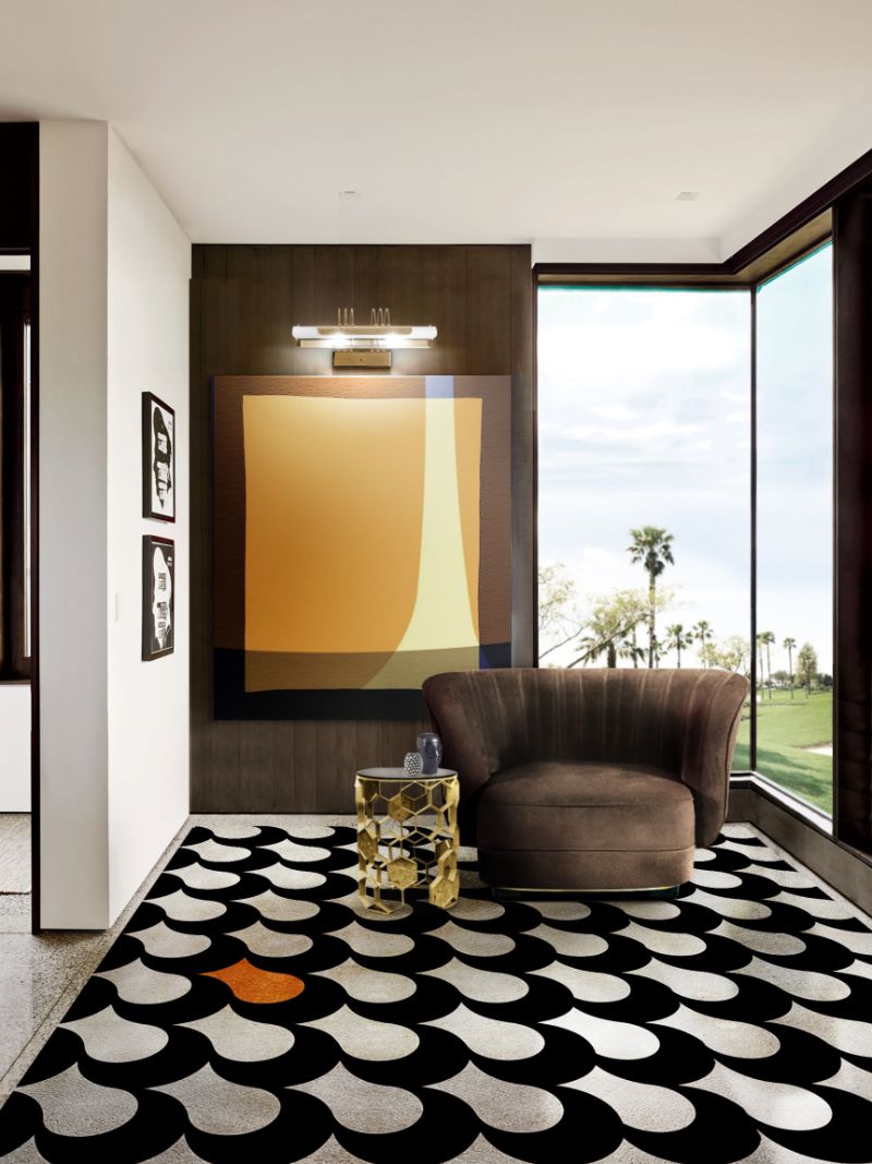 modern classic reading corner with fantastic ADLER RUG in black and white with circular pattern and soft texture with red armchair and side table. Modern Home Decor Ideas: 10 Dashing Rugs To Style A Room