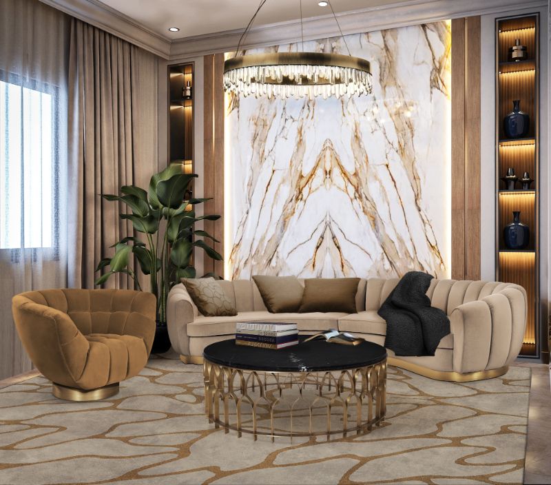 luxurious modern living room with CELL RUG in golden tones with white and beige sofa paired with mecca center table and essex armchair. How To Achieve the Best Interior Design With 8 Area Rug Tips