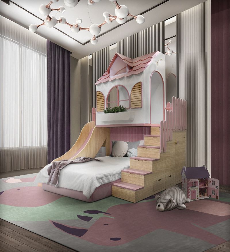 kid's bedroom with wide area rug in pastel colors. The Rhino's troupe rug is perfect to style your child's room. Bedroom Rugs: 8 Tips to Decorate With Area Rugs