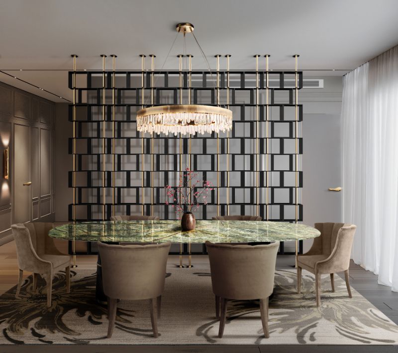 modern dining room with neutral green rug with suspension lights. Dining Room Rugs That Will Brighten Your Eating Space