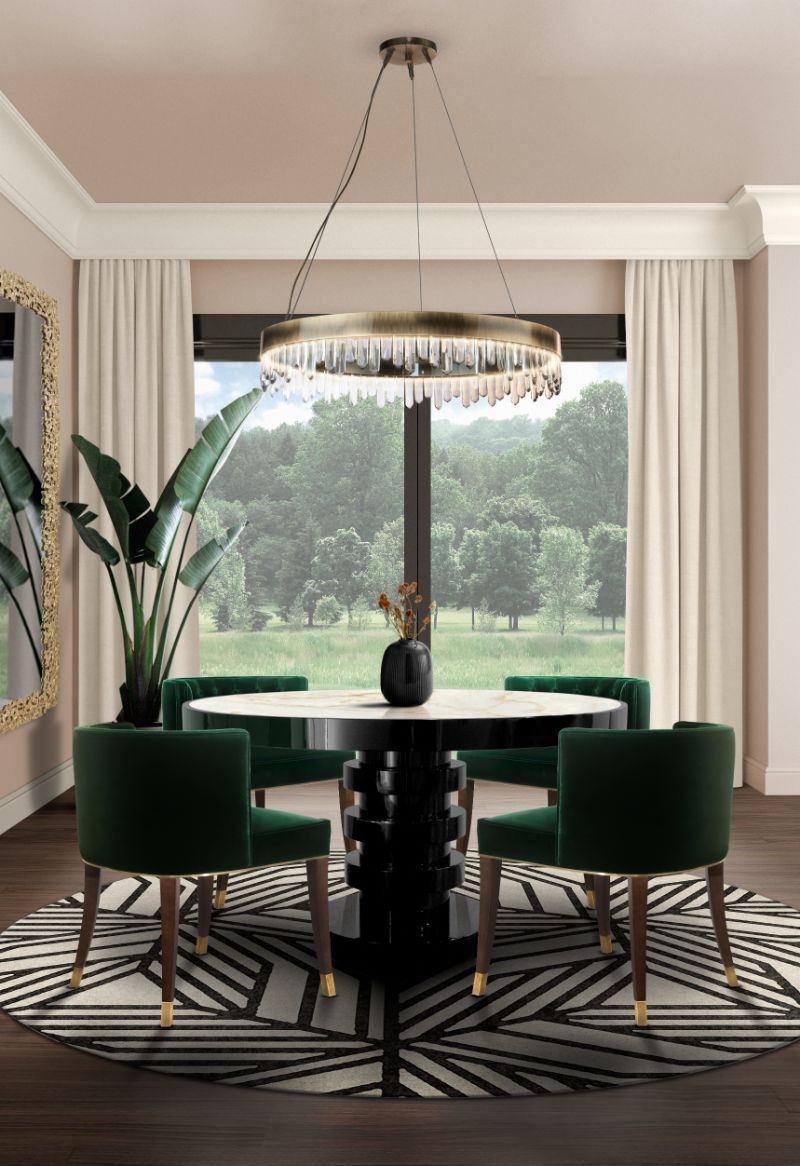 modern contemporary dining room with round black and white rug
