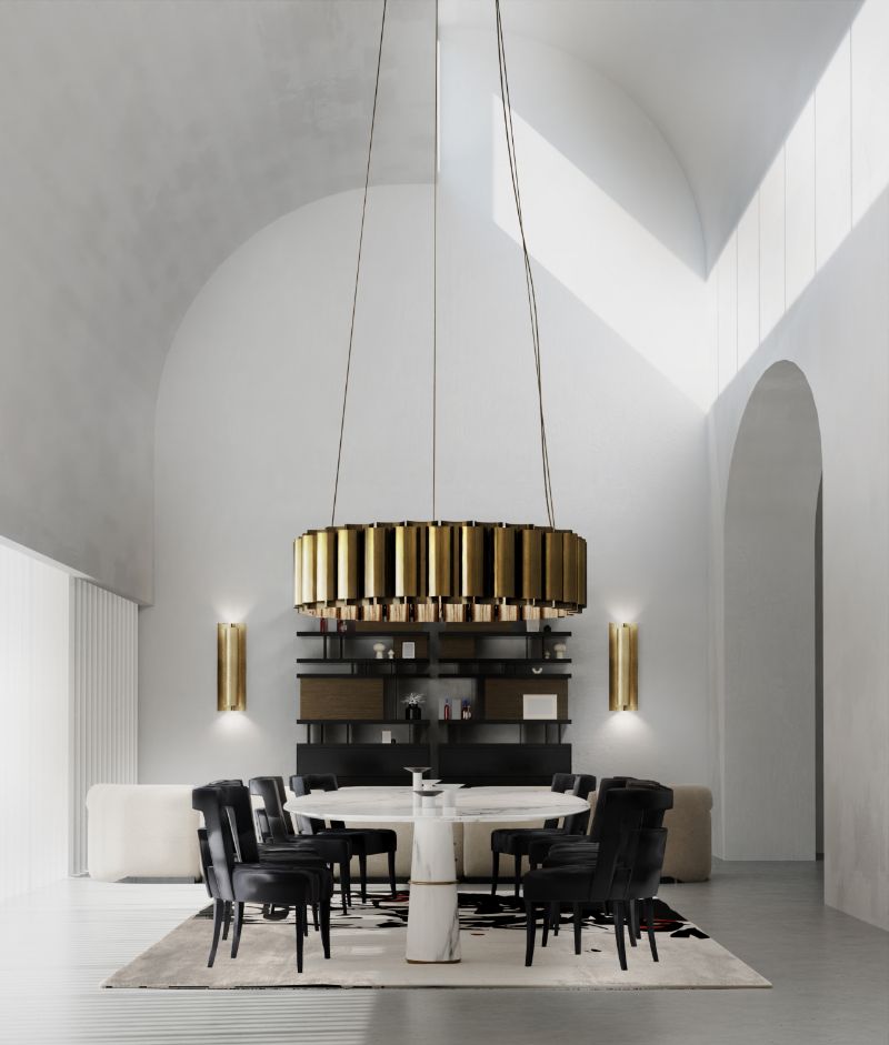 Modern dining room with runner rug with golden bugs and oval dining table. Dining Room Rugs That Will Brighten Your Eating Space