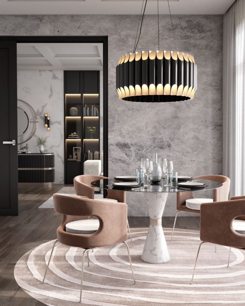 modern mid-century dining room with round neutral rug. Dining Room Rugs That Will Brighten Your Eating Space