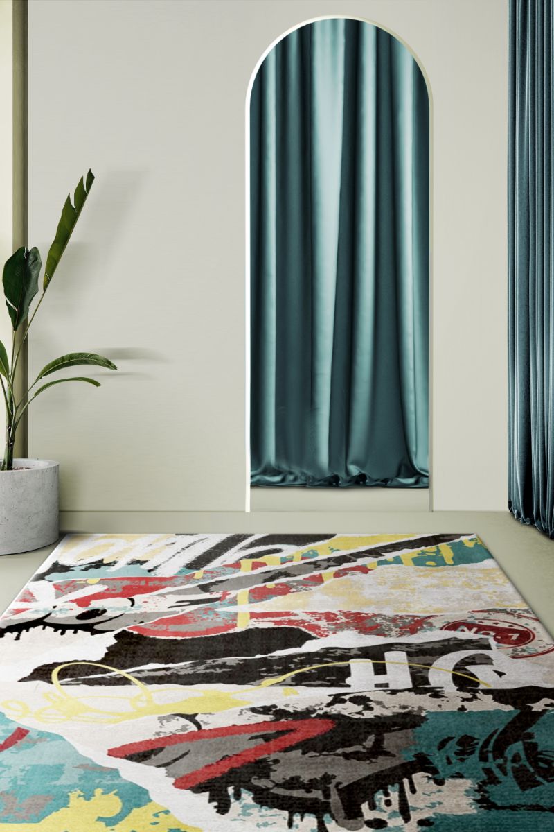 Colorful urban rug decor for a hallway with the Graffitied rug inspired by street art. Modern Home Decor Ideas: 10 Dashing Rugs To Style A Room