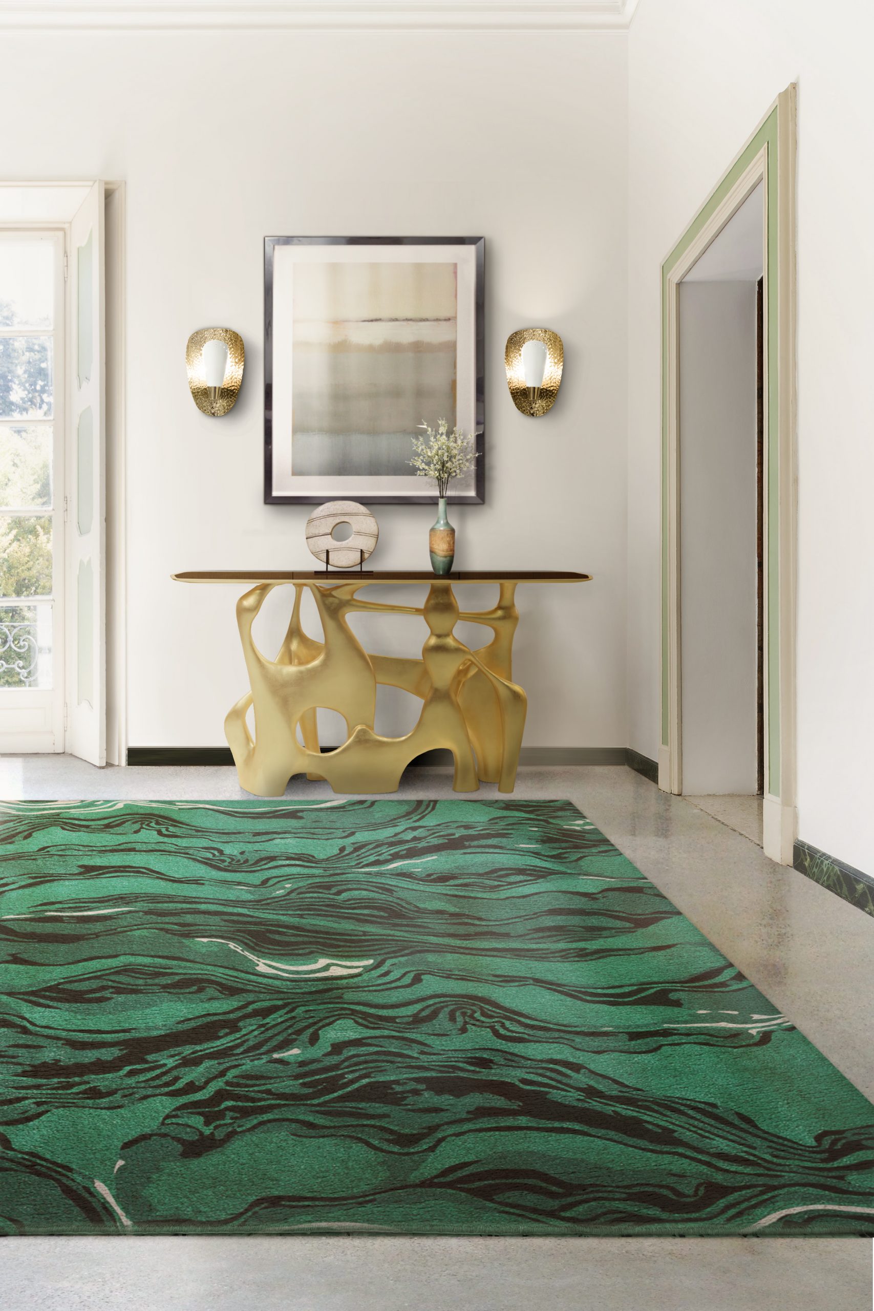 modern contemporary hallway with green rug. the amazon rug is a beautiful rug that pairs nicely with golden console and wall lights.  Green Rugs For Living Room: The Most Unique Rug Designs For Your Home