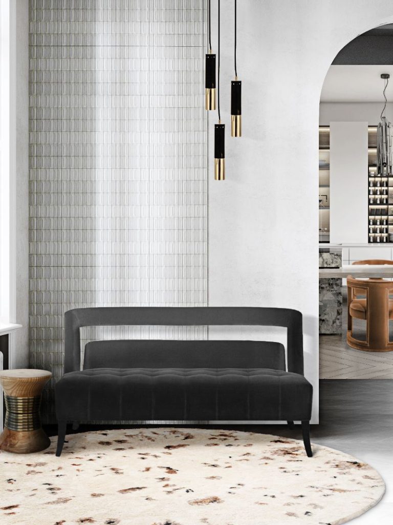 modern contemporary living room with OSLO RUG with INKE PENDANT LAMP and NAJ 2 seat sofa