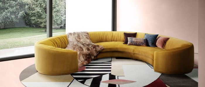 modern contemporary living room with round OSCAR RUG with geometric forms inspired by picasso art style.