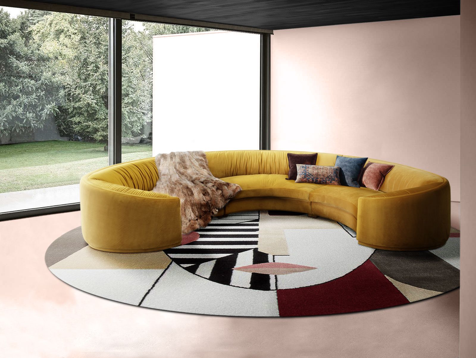 modern contemporary living room with round OSCAR RUG with geometric forms inspired by picasso art style. How To Achieve the Best Interior Design With 8 Area Rug Tips