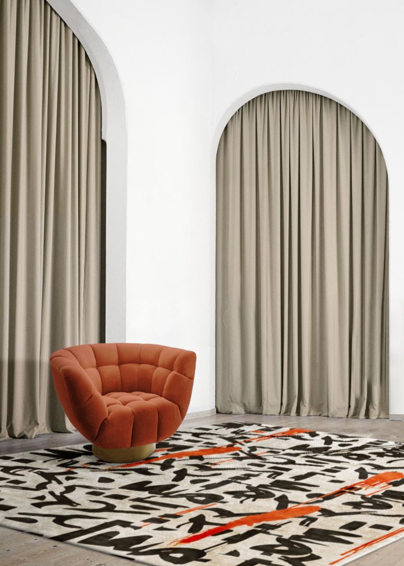 modern rug for a stylish reading cornerwith the Inkaholic rug with a urban vibe and orange essex armchair. Modern Home Decor Ideas: 10 Dashing Rugs To Style A Room
