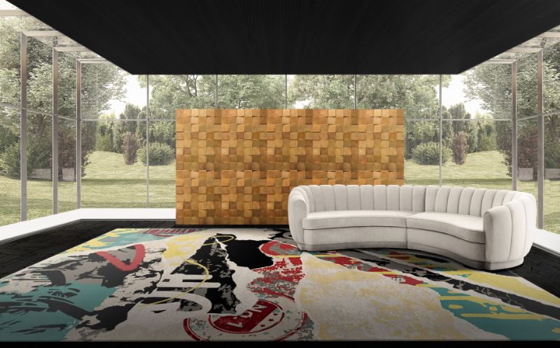 modern living room with a wide area rug that cover the whole floor with a street art graffiti design. Rug Mistakes To Avoid When Redesigning your Interior With Modern Rugs
