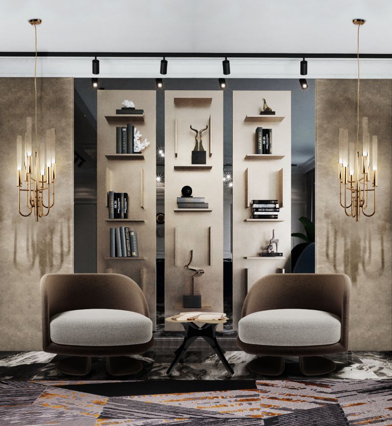 luxurious living room library with gray and gold area rug. The Latest Rug Interior Design Trends You Will Want To Know