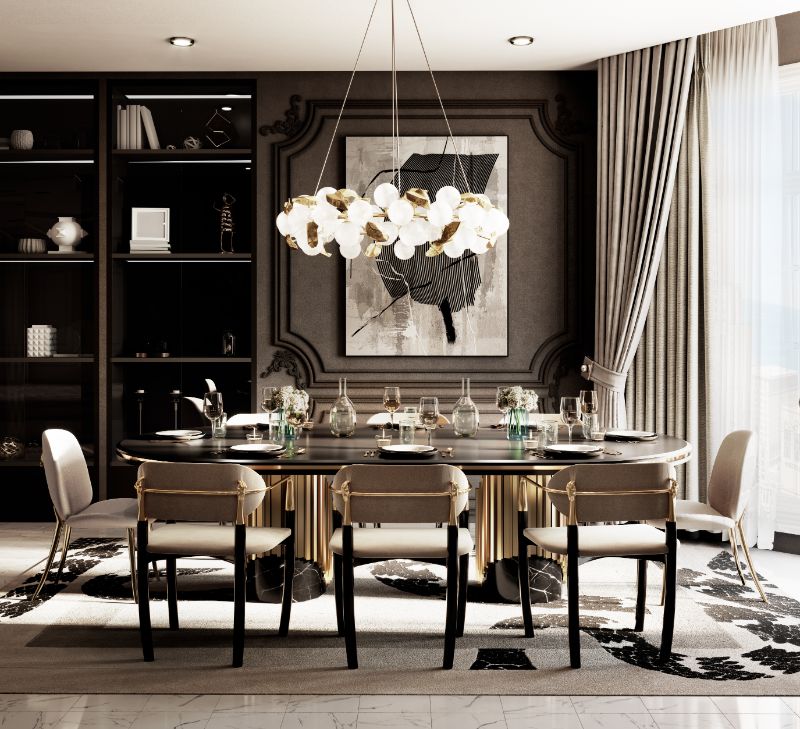 luxurious dining room with area rug with a snake pattern. The Latest Rug Interior Design Trends You Will Want To Know