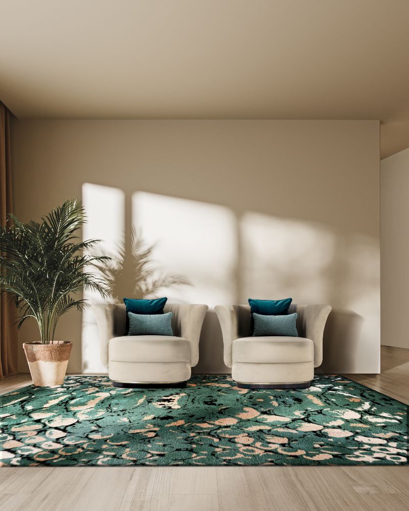 Contemporary living room with green rug with a reptile skin pattern, the REPTILUS RUG is a unique rug that stands out for its originality. The Most Trendy Rugs For An Exquisite Interior in 2022