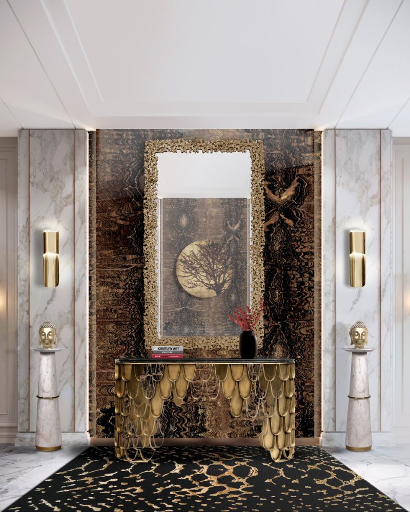 Modern hallway with a luxury feeling, a black and gold rug that stands out for its beauty. the meta rug is stunning .Where The Finest Portuguese Handmade Wool Carpets Are Made