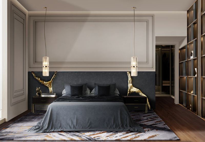 modern bedroom with a gray area rug with a pinch of gold. 10 Key Decor Ideas For The Bedroom