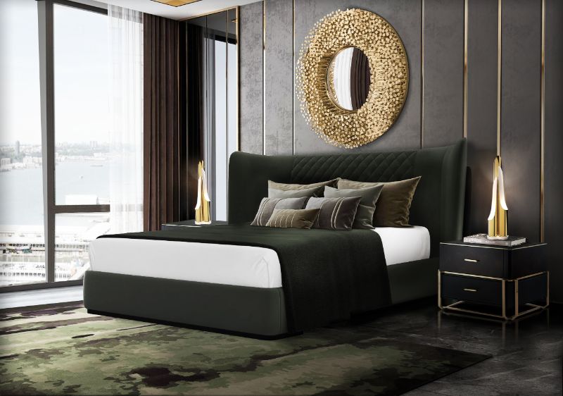 sophisticated bedrooom decor with green area rug and round mirror. 10 Key Decor Ideas For The Bedroom