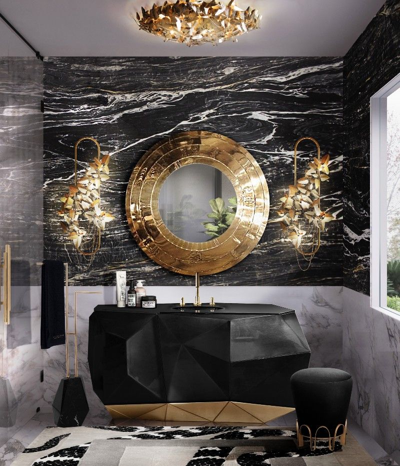luxurious modern classic bathroom with a neutral rug with a snake pattern
