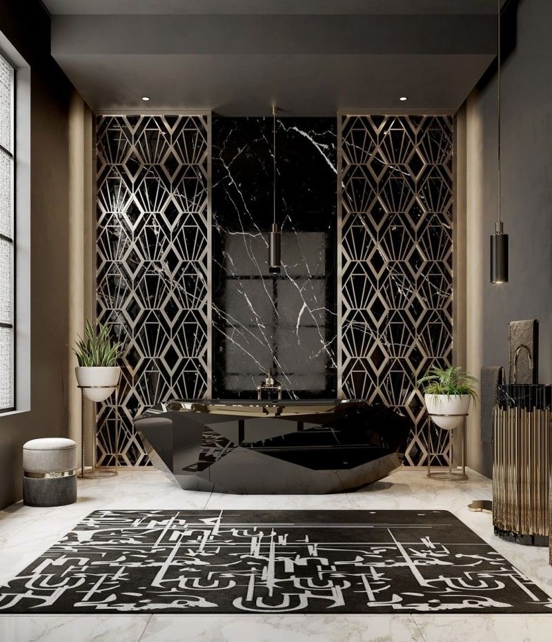 Modern bathroom with black area rug. The Most Luxurious Bathroom Rugs