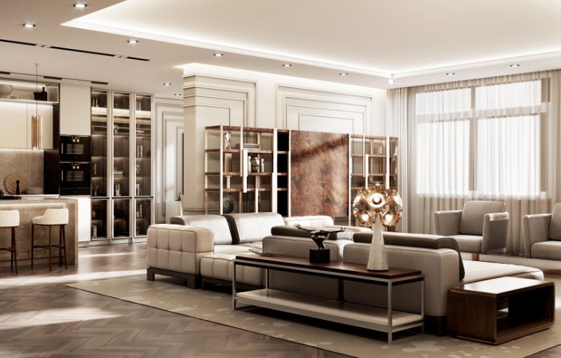 modern contemporary living room with neutral colors