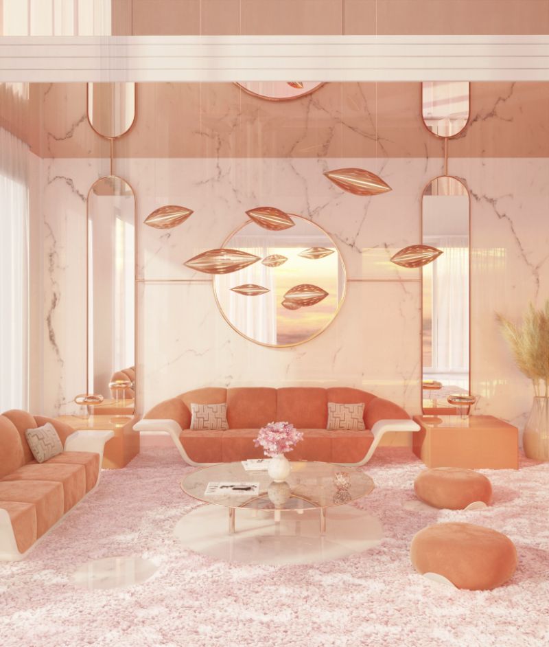 mid-century living room in tones of pink