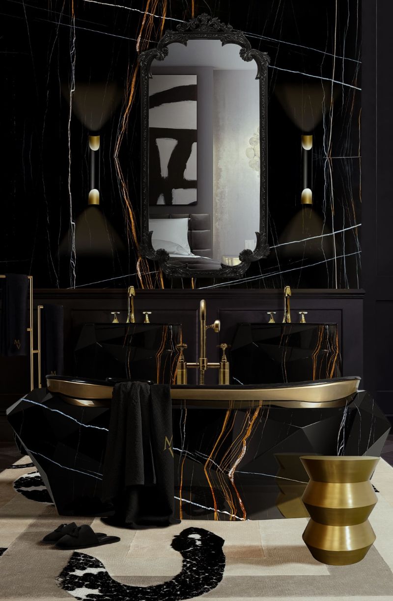All black modern and marvellous bathroom with neutral area rug