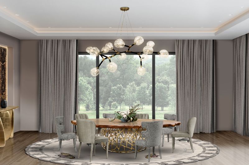 modern contemporary dining room with round gray rug with golden butterflies as motif. Dining Room Rugs That Will Brighten Your Eating Space