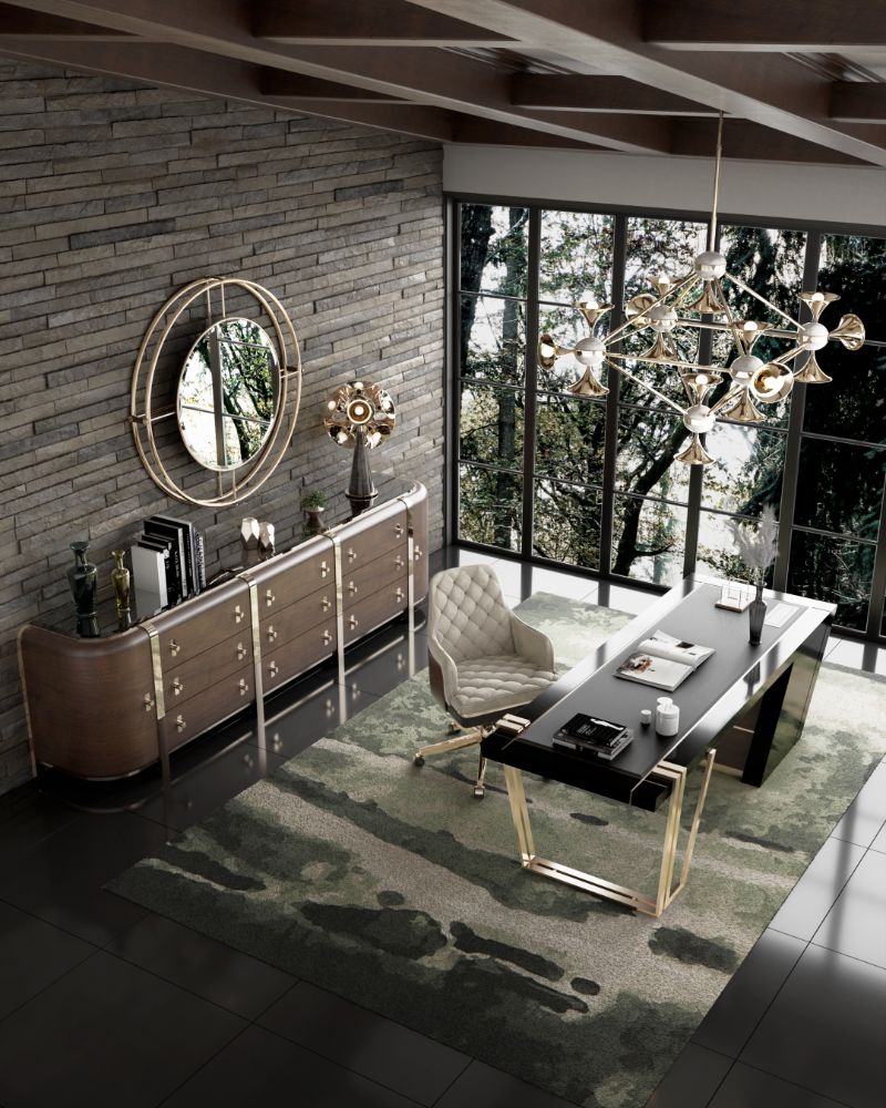 mid-century office in tones of green with an abstract rug. Mid-century Carpet Ideas: A Curated Selection of Rugs