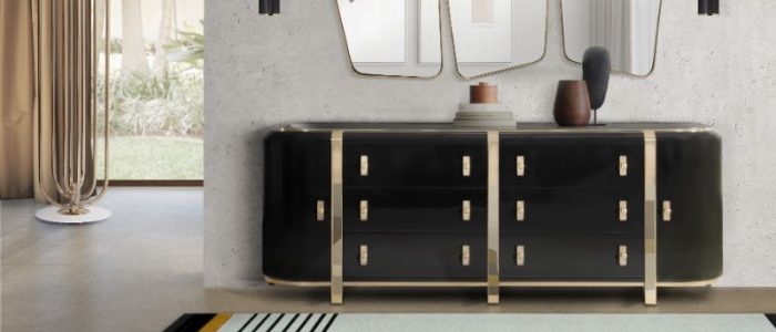 mid-century hallway decor with a black and orange rug