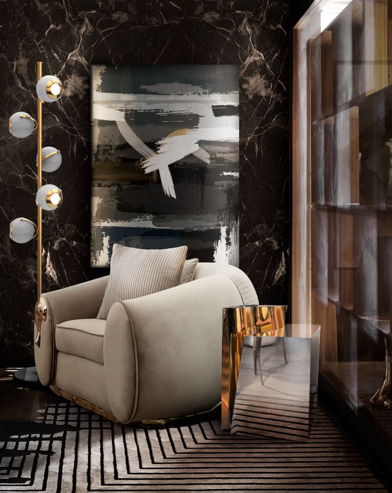 Modern and luxurious reading corner with a touch of gold. Modern Interior Design Tips: The Best Modern Contemporary Rugs