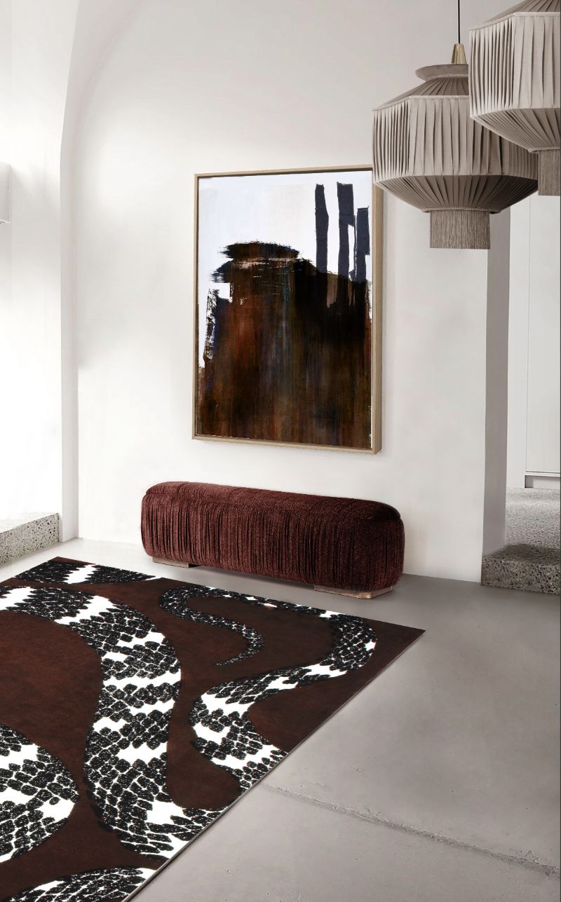 Unique modern hallway with original runner rug with a snake design. Modern Interior Design Tips: The Best Modern Contemporary Rugs