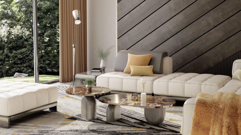 modern living room with a open space area that is fully decorated with a huge area rug in gray and golden tones. The Finest Modern Rug Ideas For 2022